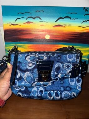 Coach Blue Signature Print Clutch with Navy Trim